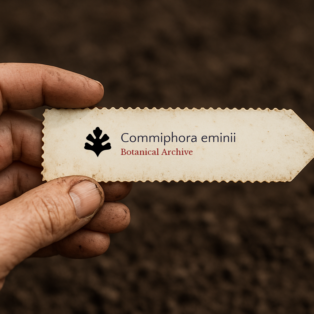 Etichetta stampata per pianta di Commiphora eminii su sfondo di terreno