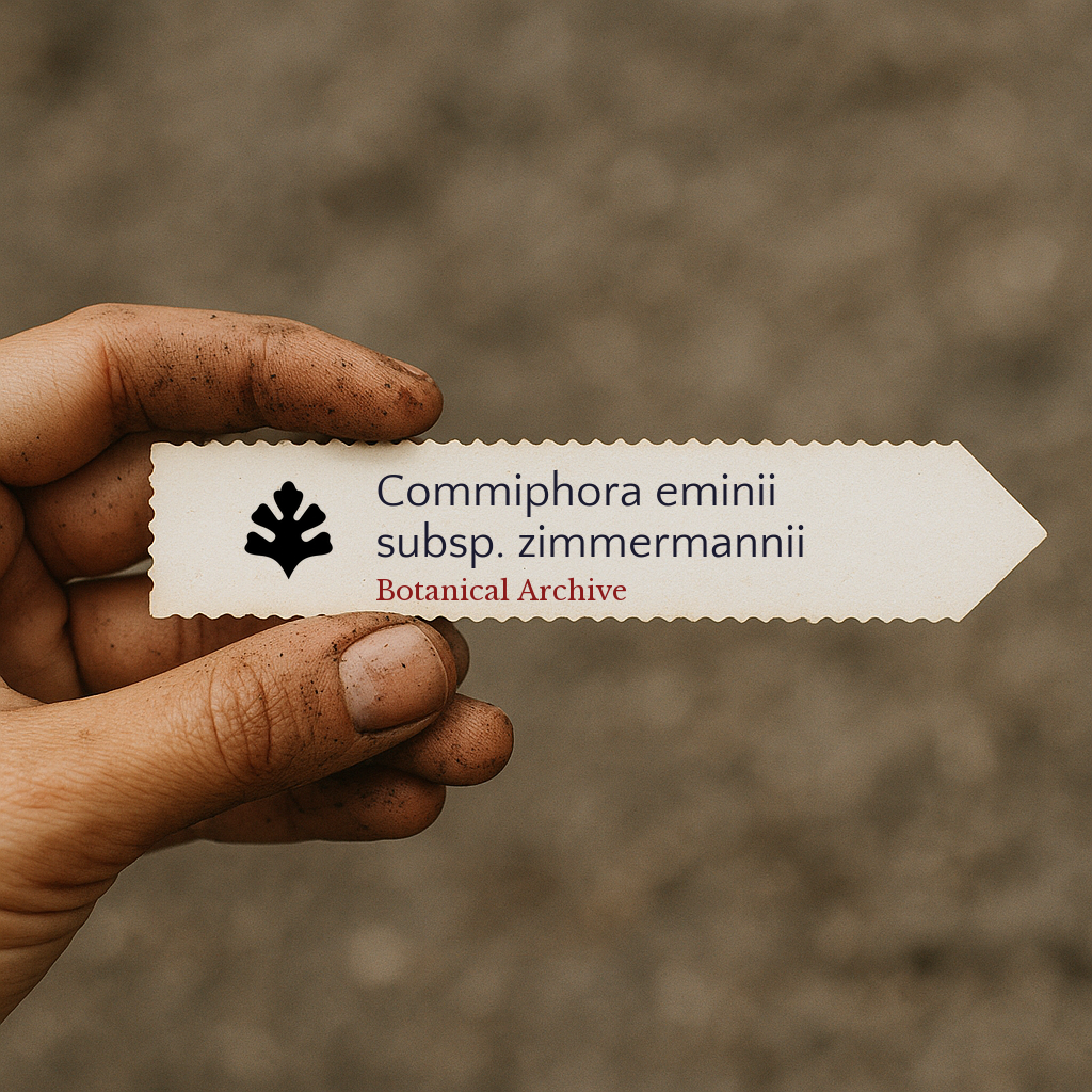Printed plant label for Commiphora eminii subsp. zimmermannii held by dirty hand