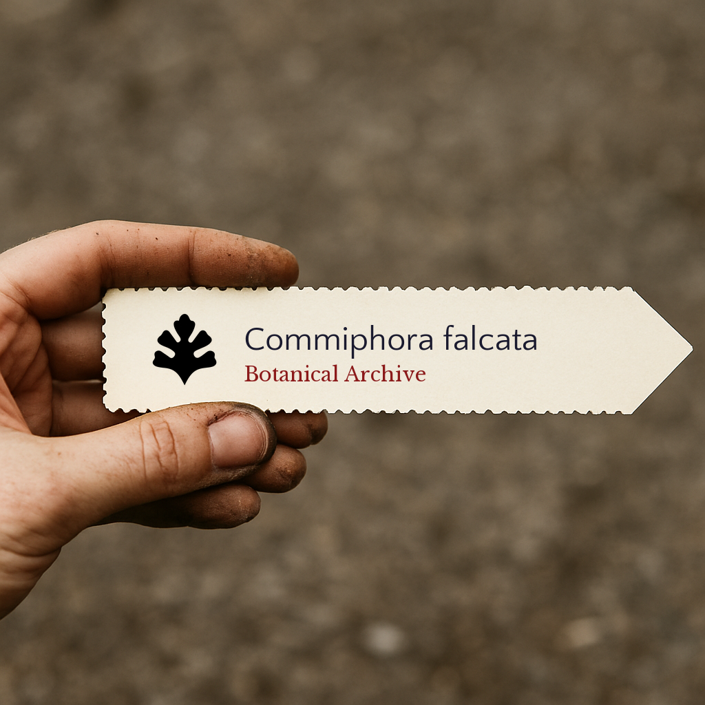 Printed plant label for Commiphora falcata held by hand with dirt background