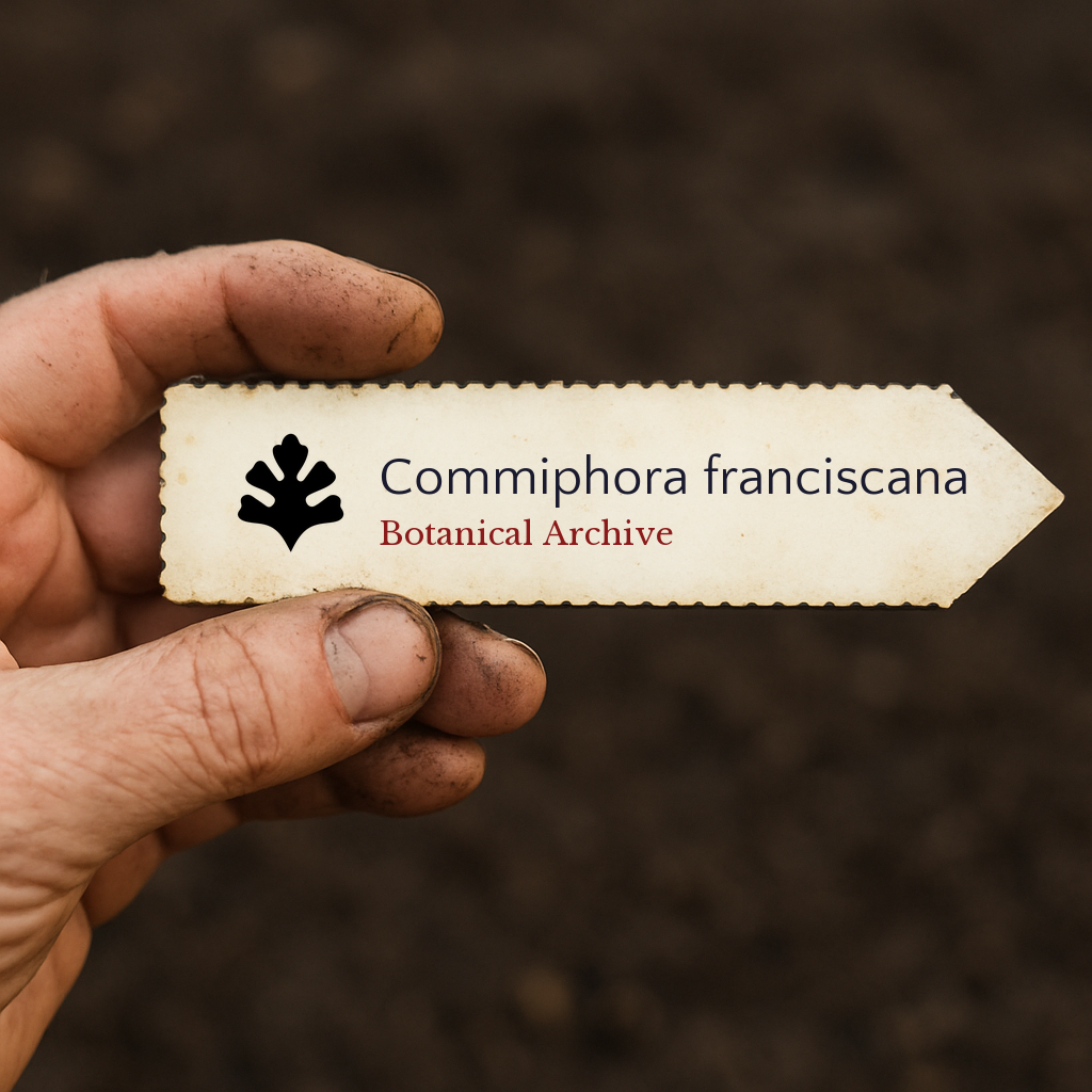 Etichetta stampata per pianta di Commiphora franciscana tenuta da mano sporca su sfondo di terreno