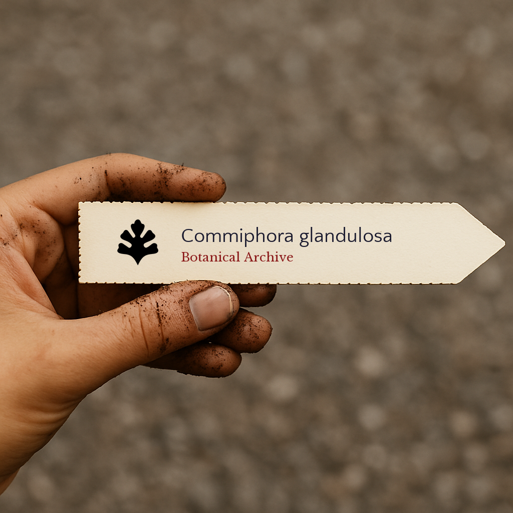 Printed plant label for Commiphora glandulosa held by dirty hand outdoors
