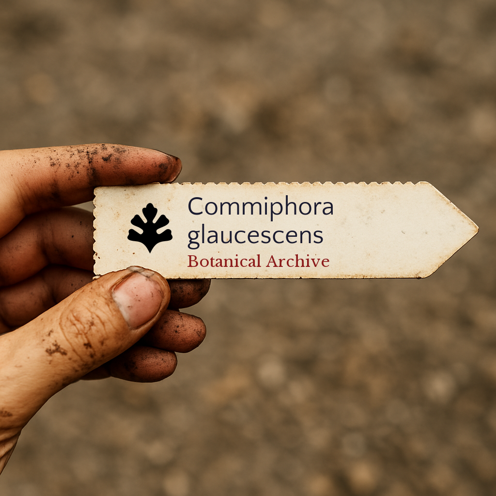 Printed plant label for Commiphora glaucescens held by dirty hand with blurred soil background