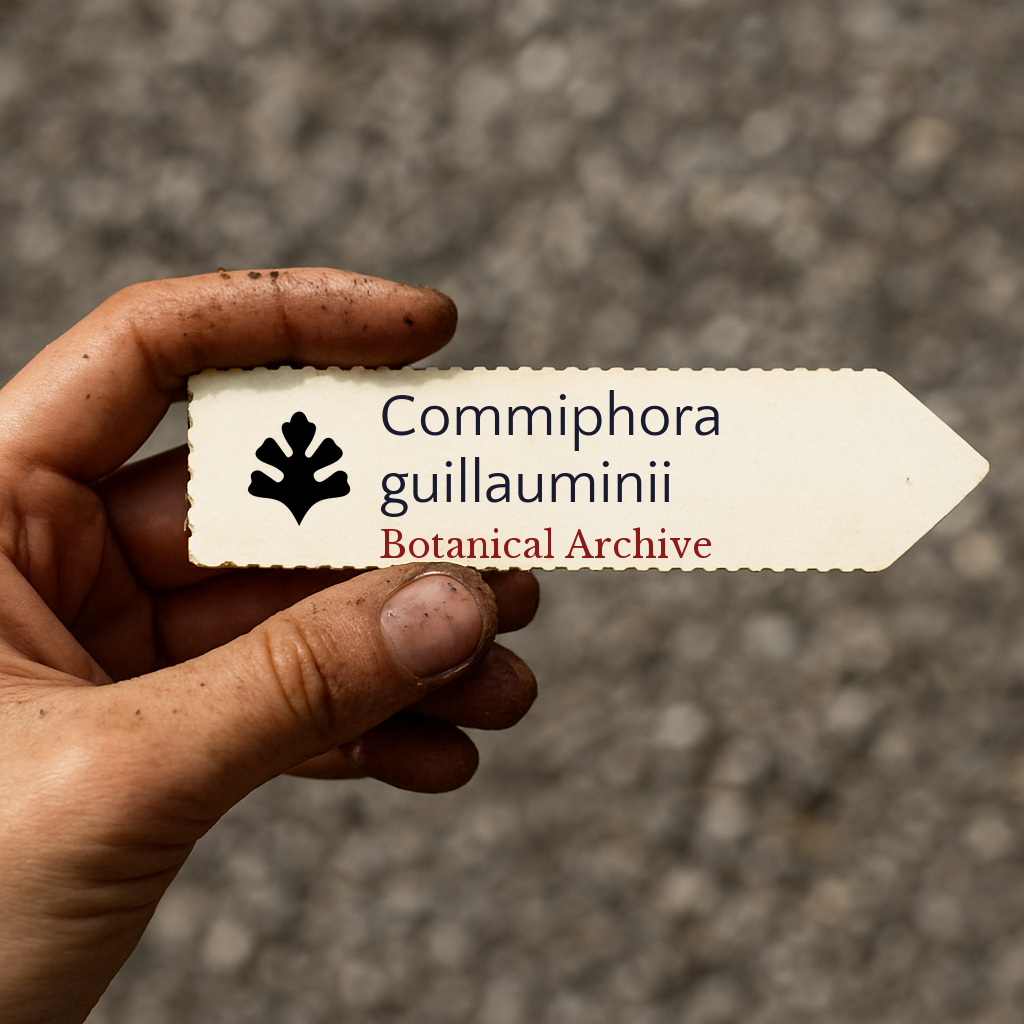 Printed plant label for Commiphora guillauminii held by hand with dirt background