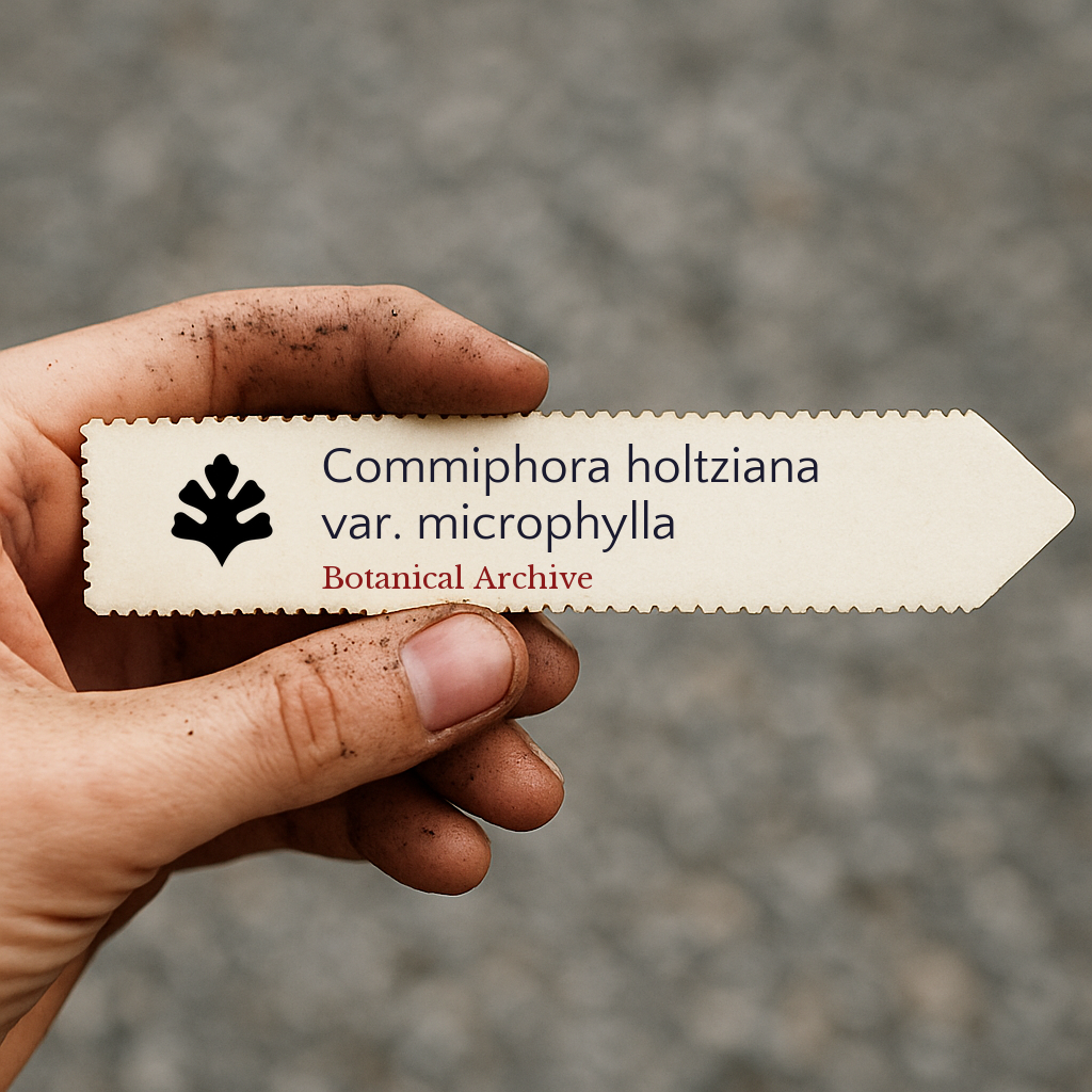 Etichetta stampata per pianta di Commiphora holtziana var. microphylla tenuta in mano sporca all'aperto