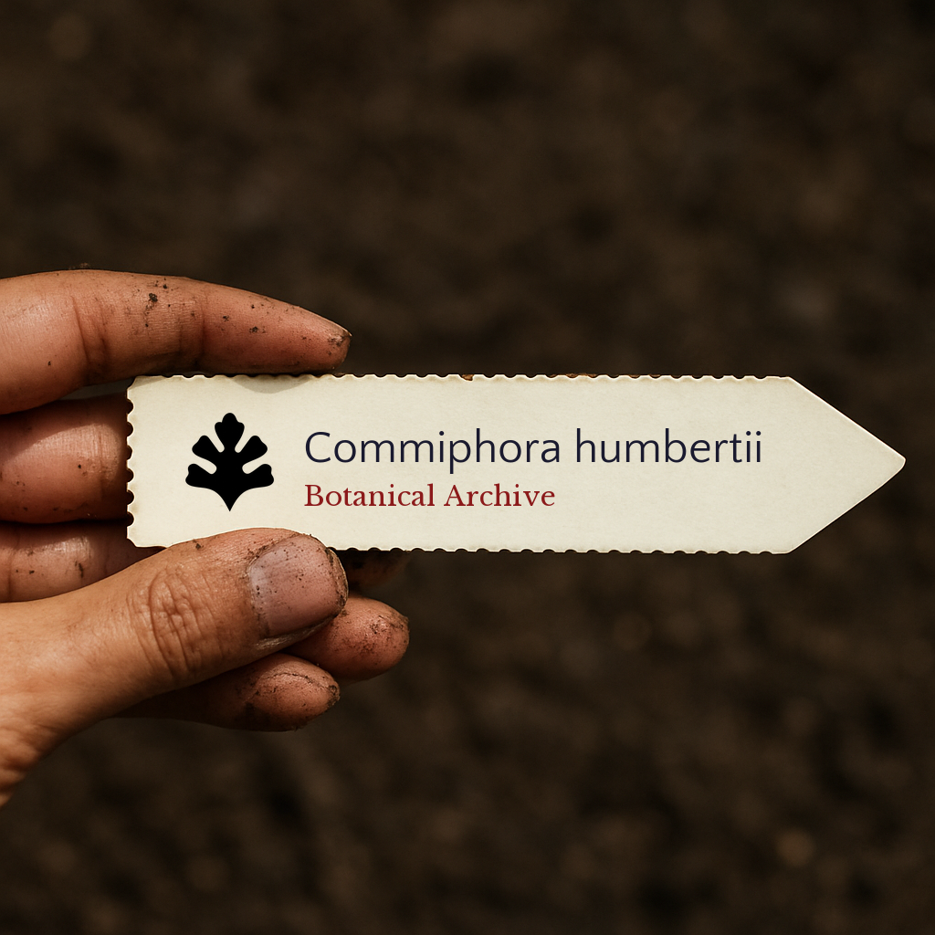 Printed plant label for Commiphora humbertii held by dirty hand over soil background