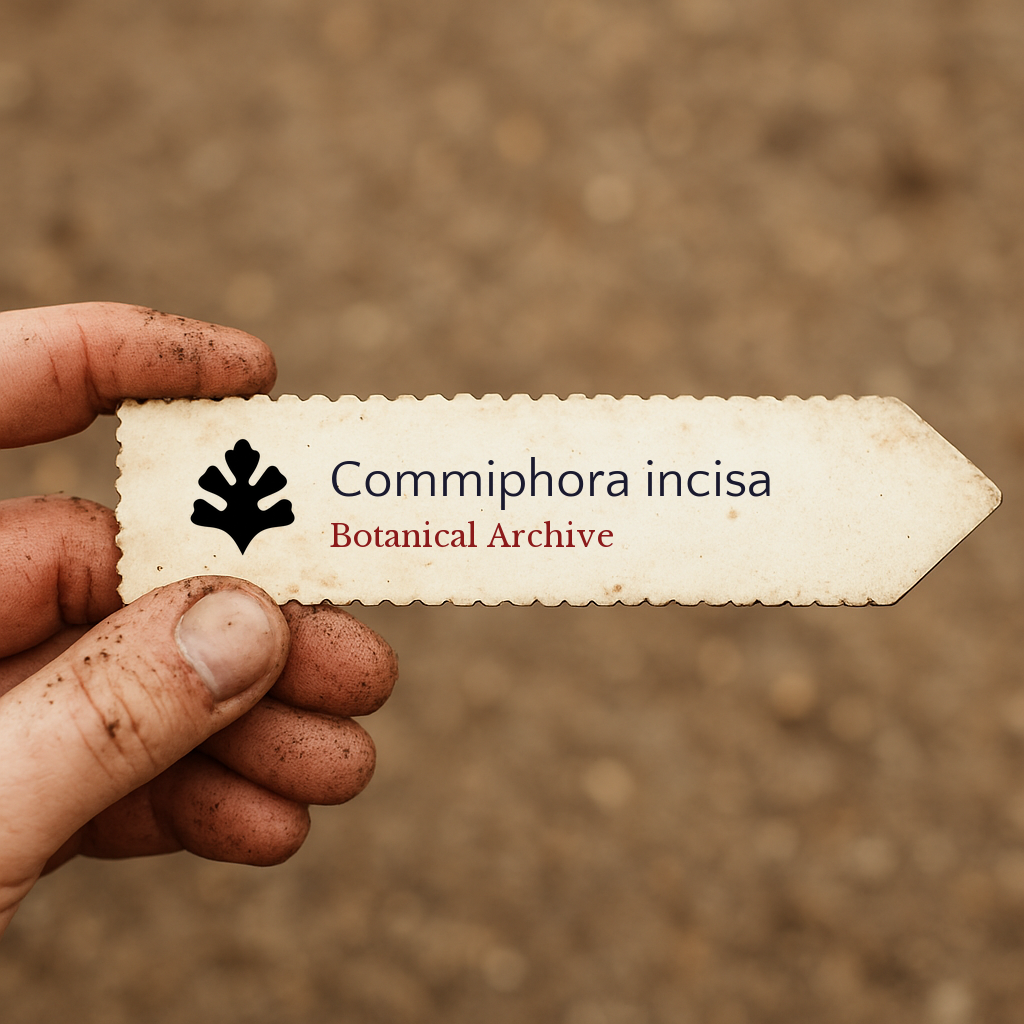Printed plant label for Commiphora incisa held by dirty hand with blurred soil background