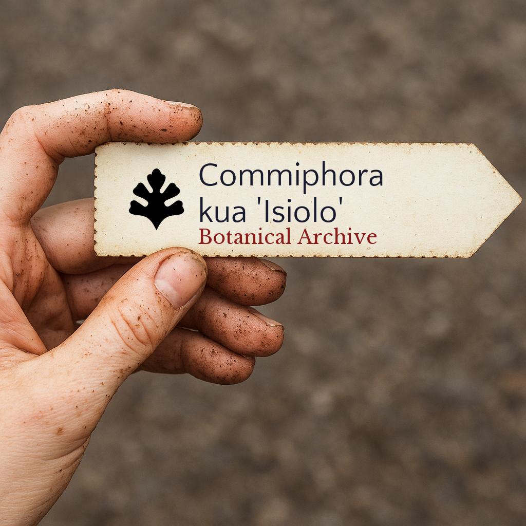 Printed plant label for Commiphora kua 'Isiolo' held by dirty hand outdoors