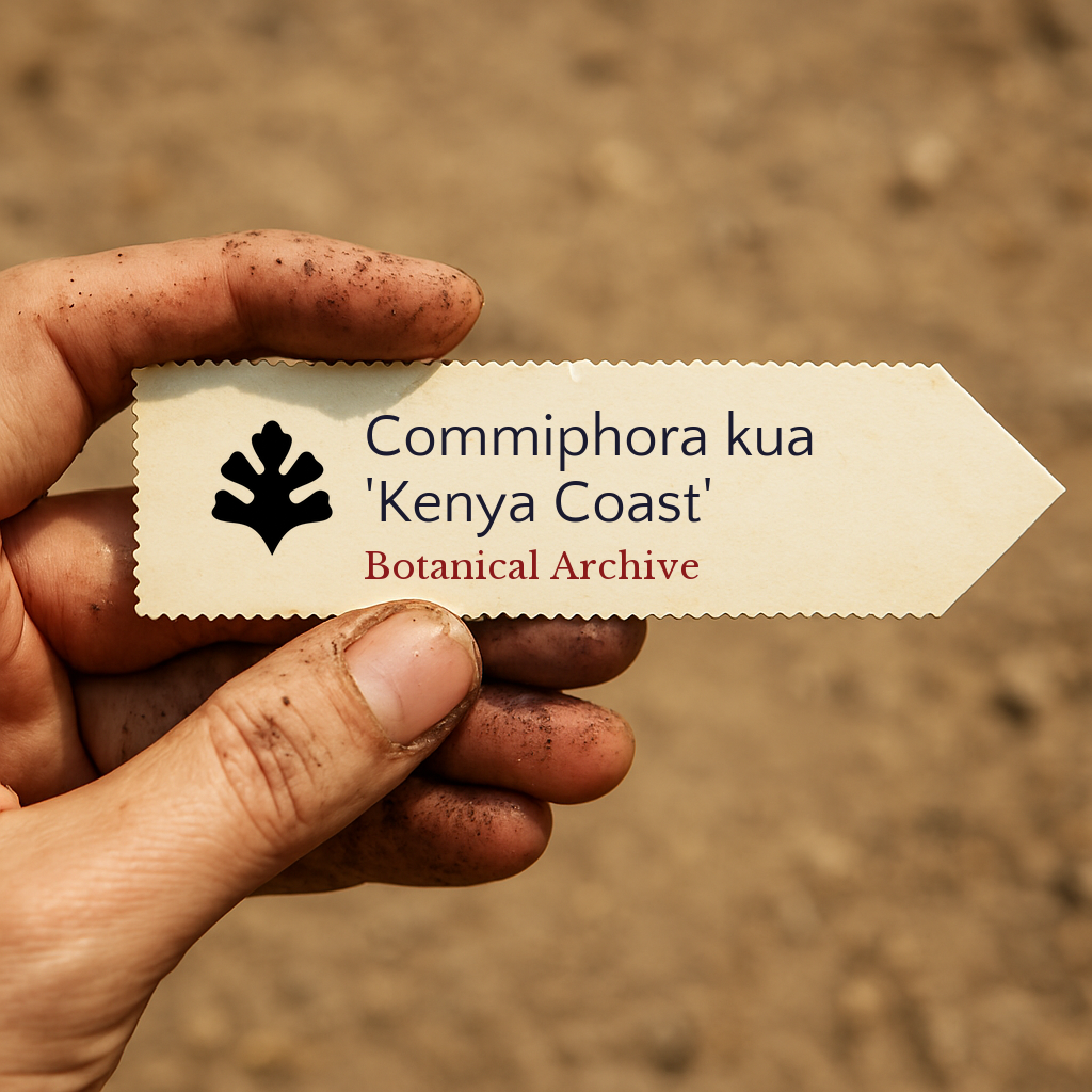 Plant label for Commiphora kua 'Kenya Coast' held by dirty hand against soil background