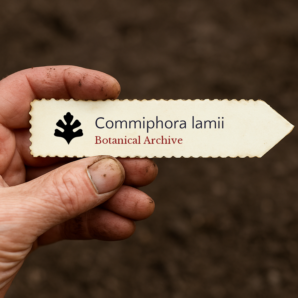Etichetta stampata per pianta di Commiphora lamii tenuta in mano con sfondo di terreno