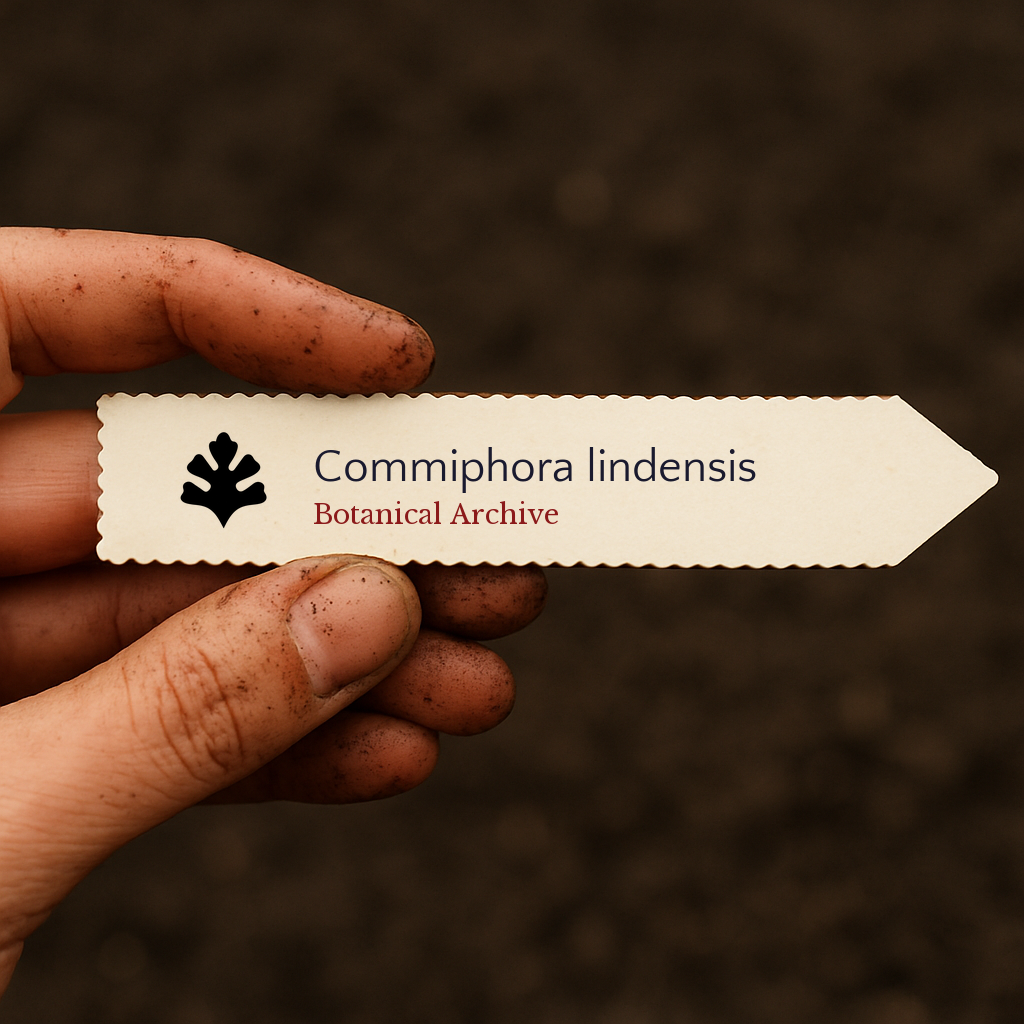 Printed plant label for Commiphora lindensis held by dirty hand over soil background