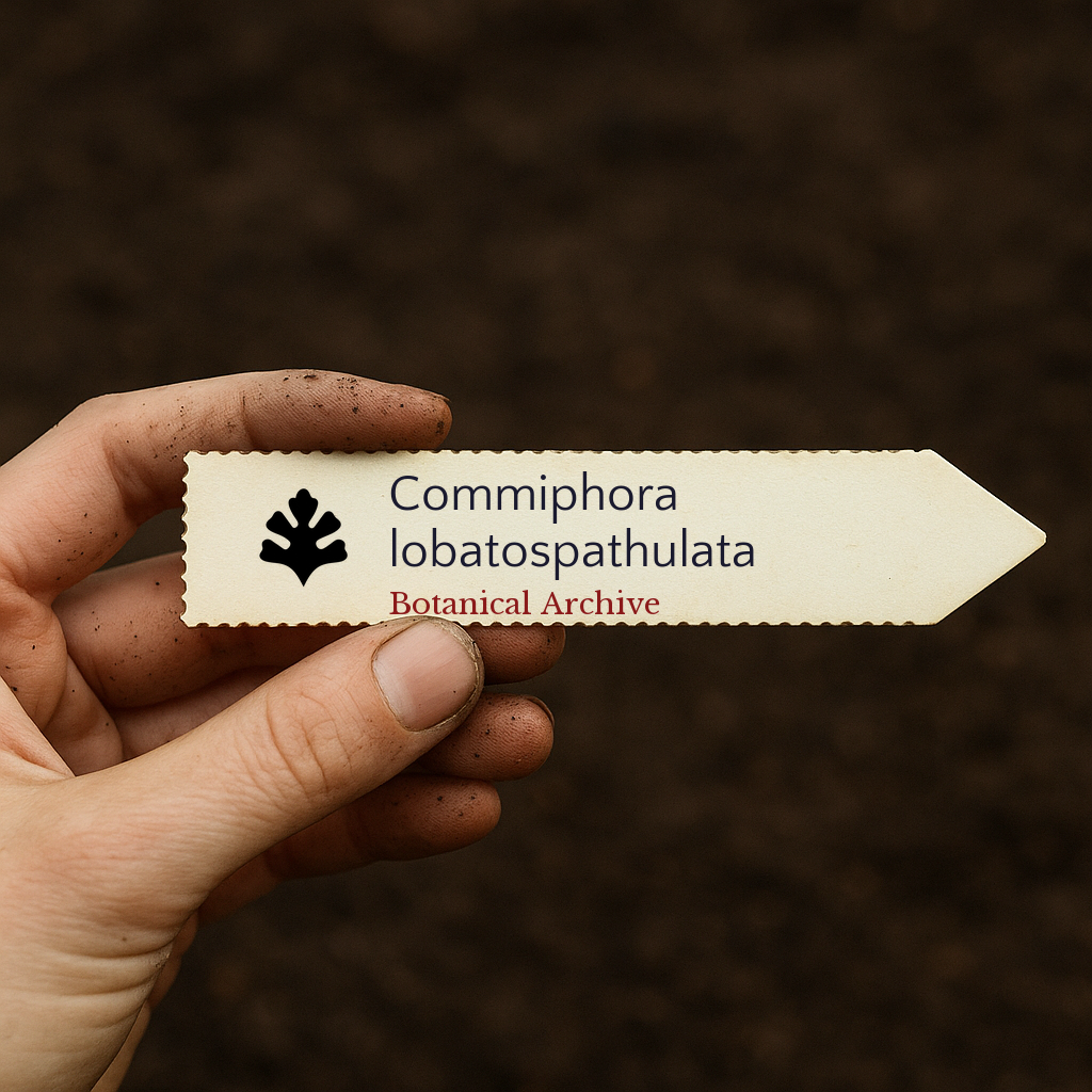 Printed plant label for Commiphora lobatospathulata held by hand with soil background