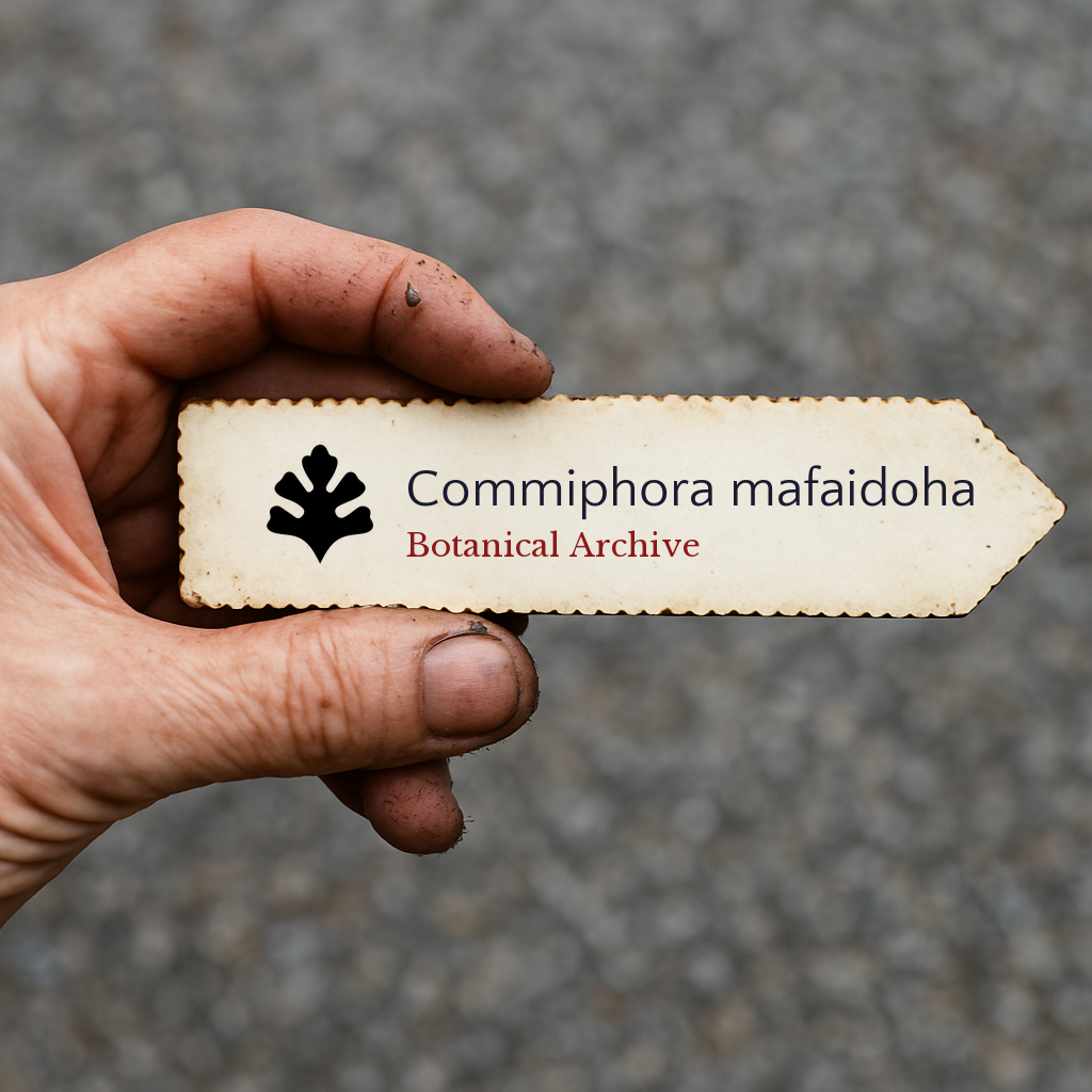 Printed plant label for Commiphora mafaidoha with botanical archive logo held by hand