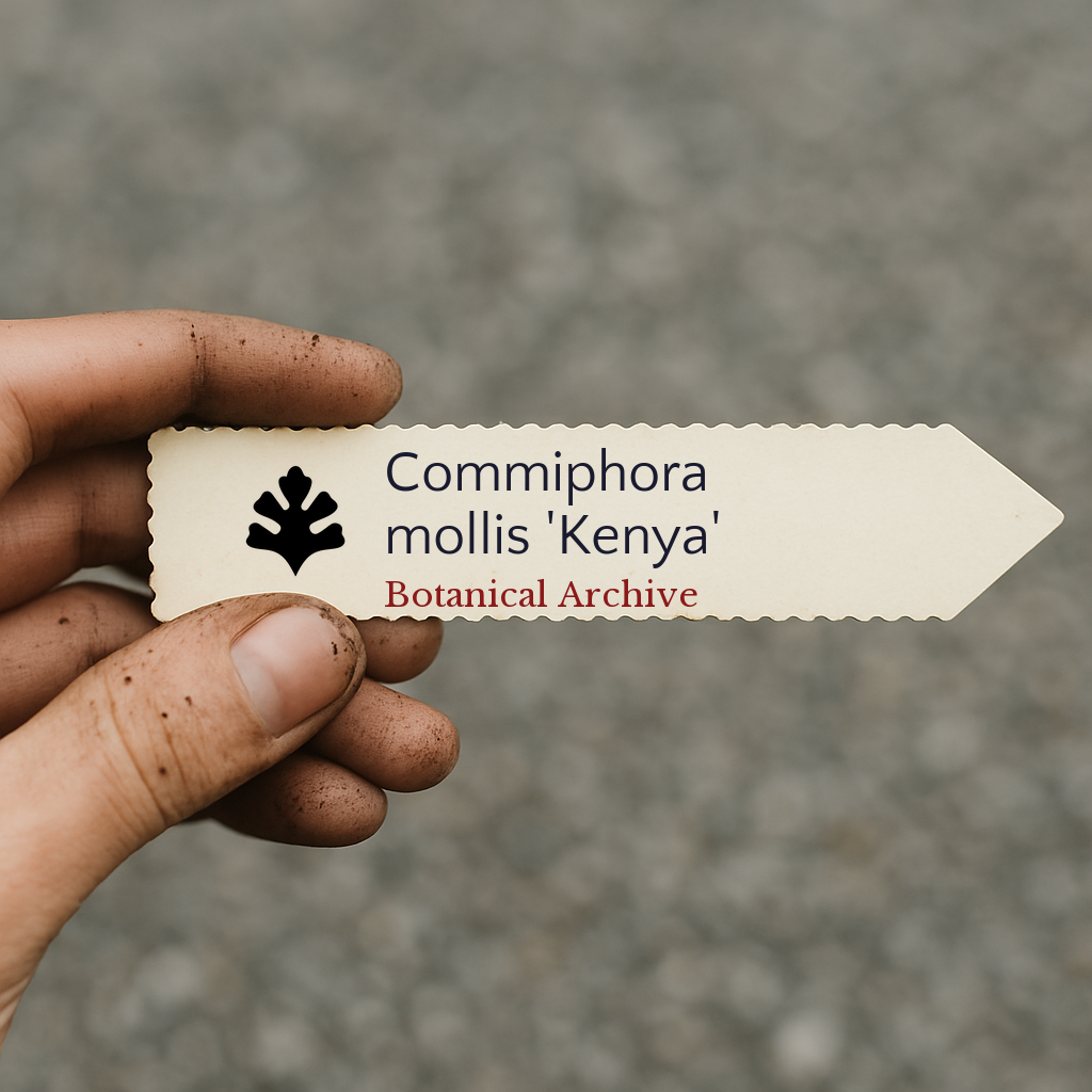 Printed plant label for Commiphora mollis 'Kenya' held by a hand with soil dirt