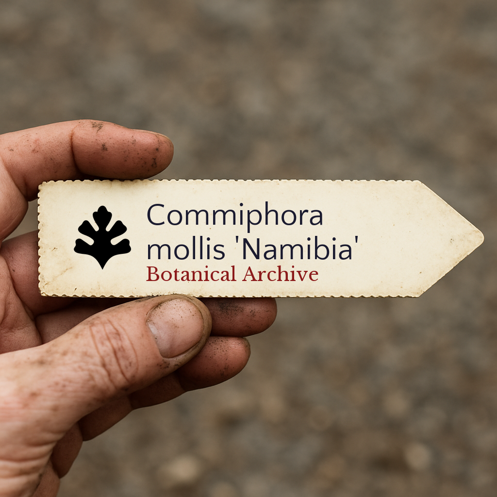 Etichetta vegetale stampata per Commiphora mollis 'Namibia' tenuta a mano con sfondo di terra