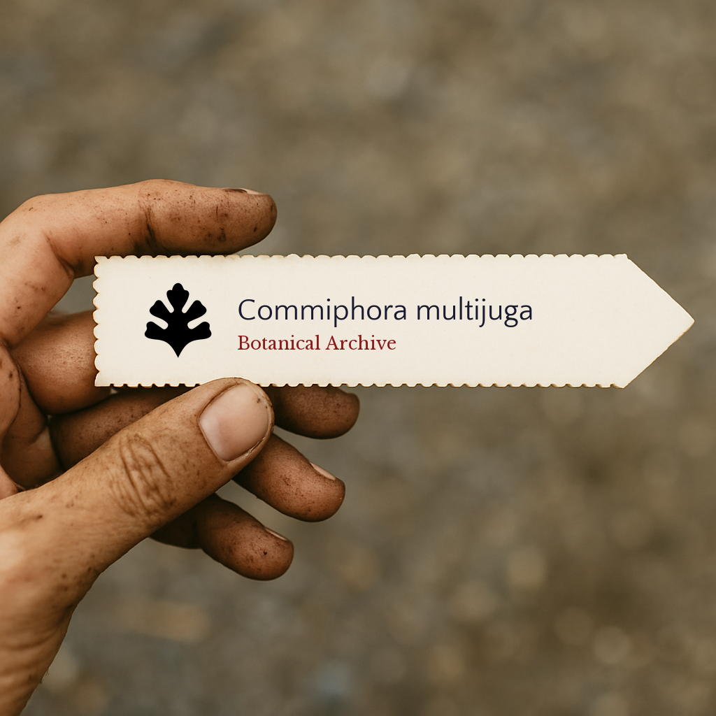Printed plant label for Commiphora multijuga held by dirty hand outdoors