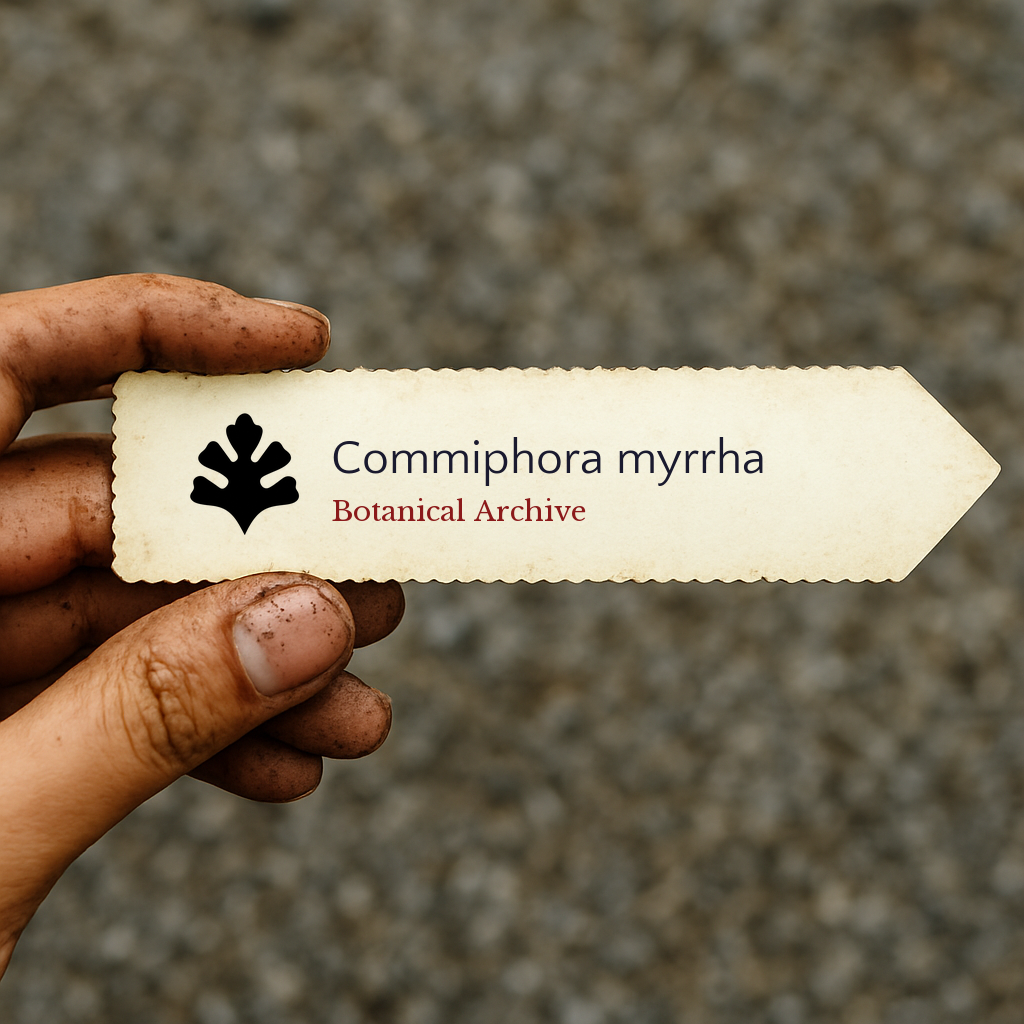 Etichetta stampata per pianta di Commiphora myrrha tenuta a mano con sfondo di terra