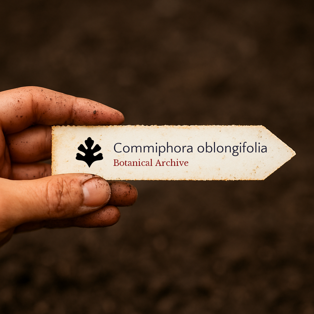 Etichetta per pianta stampata per Commiphora oblongifolia tenuta da una mano sporca su sfondo di terreno