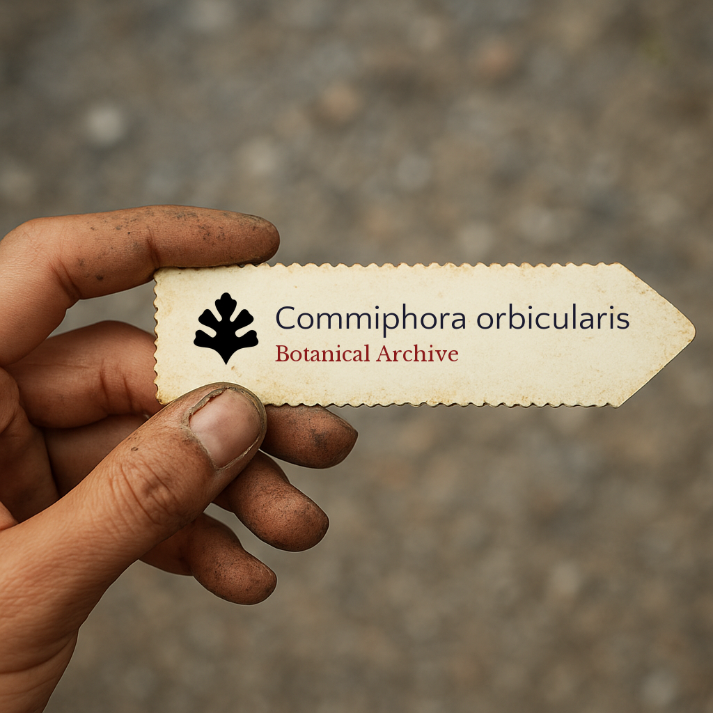 Printed plant label for Commiphora orbicularis held by dirty hand outdoors