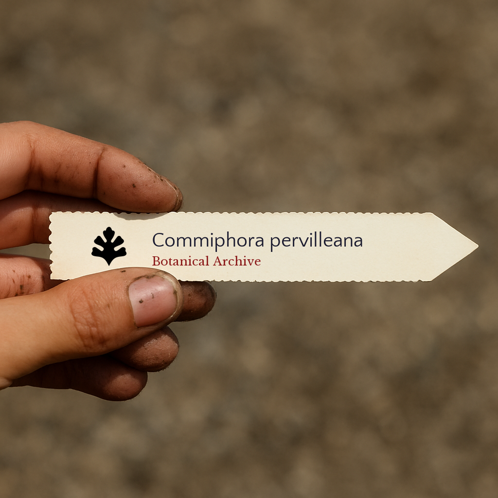 Printed plant label for Commiphora pervilleana held by hand with soil background