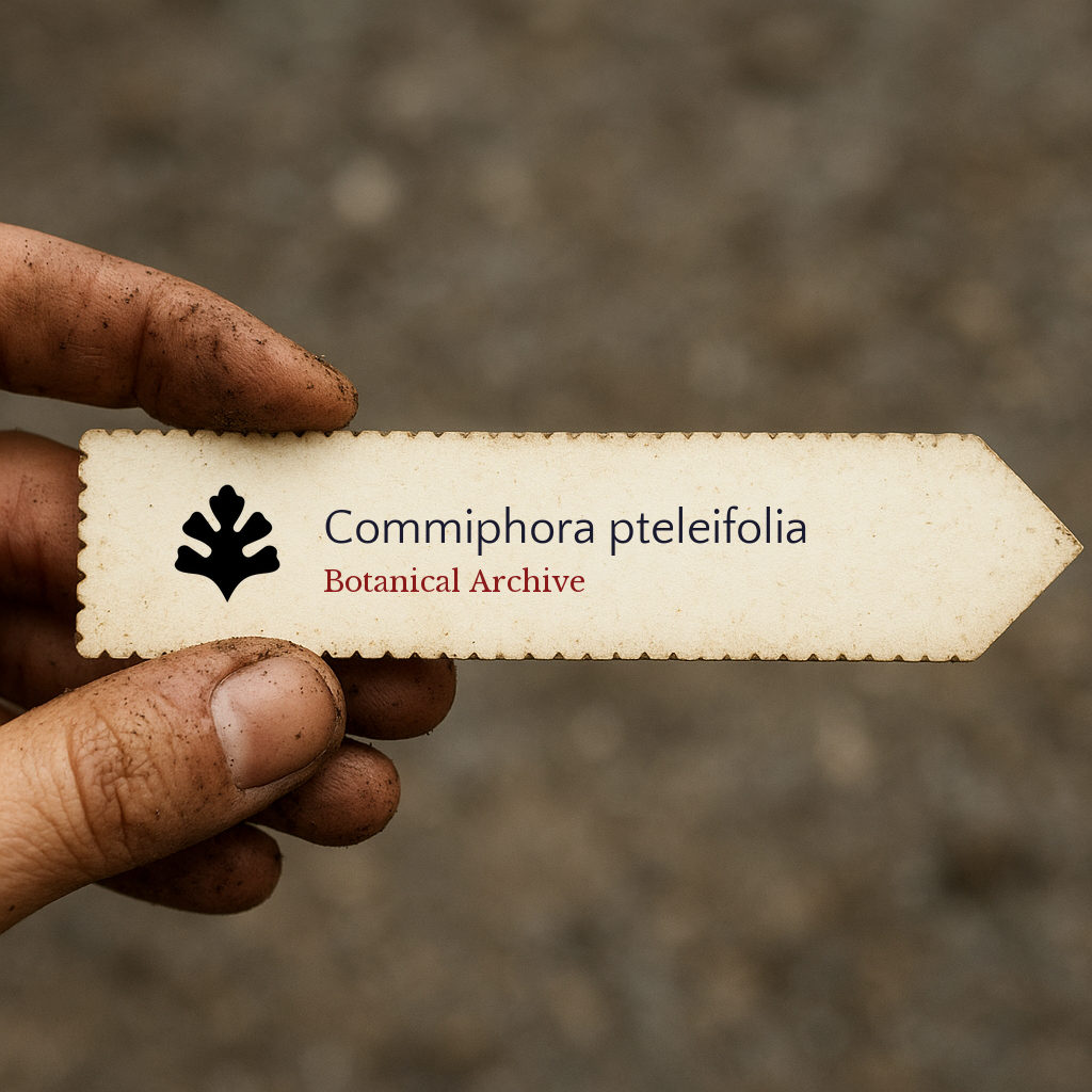Etichetta stampata per pianta di Commiphora pteleifolia tenuta da mano sporca all'aperto