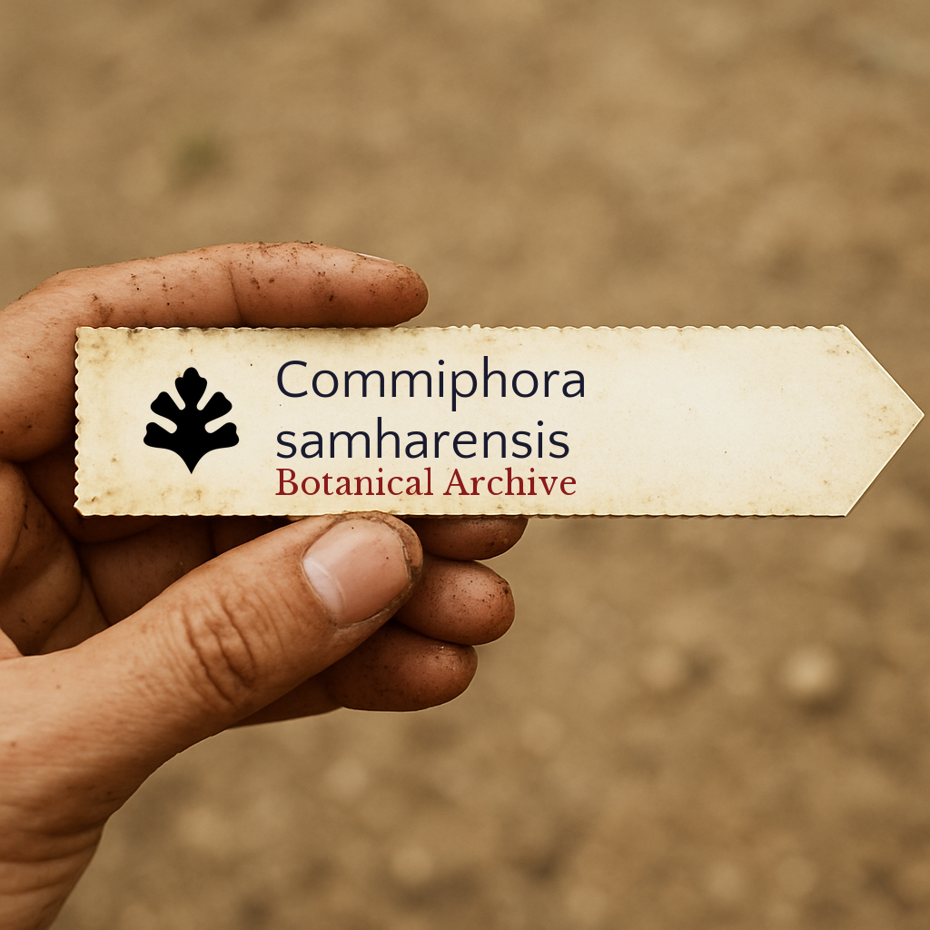 Printed plant label for Commiphora samharensis with botanical archive logo held in hand