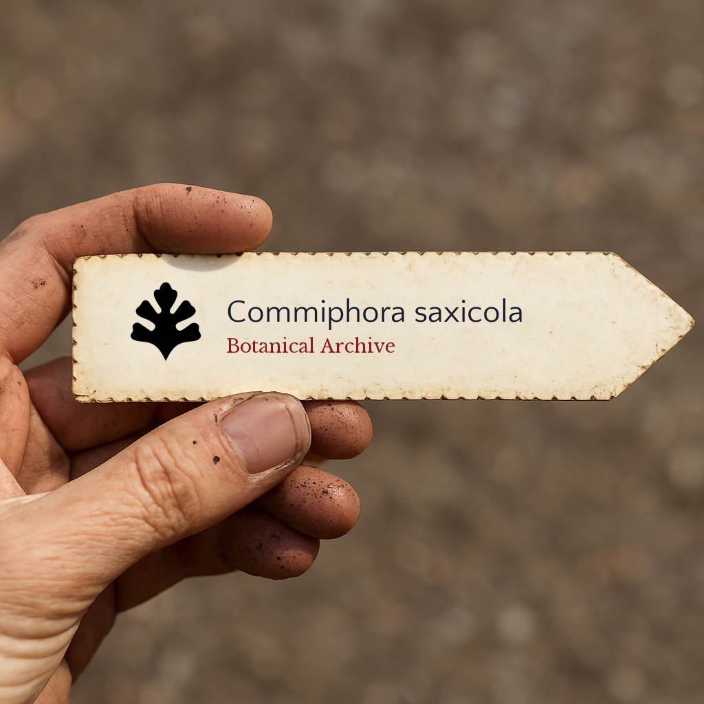 Etichetta stampata per pianta di Commiphora saxicola tenuta a mano con sfondo di terreno