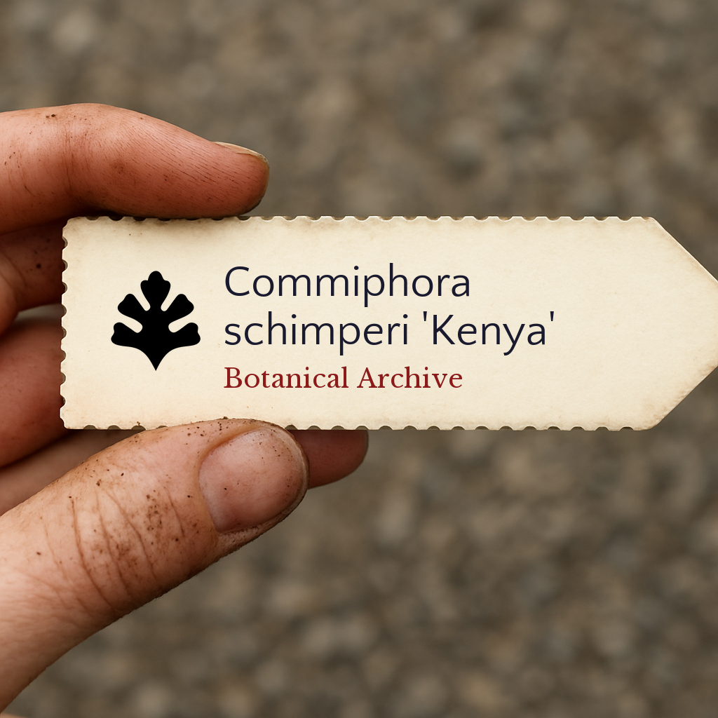 Printed plant label for Commiphora schimperi 'Kenya' held by dirty hand outdoors