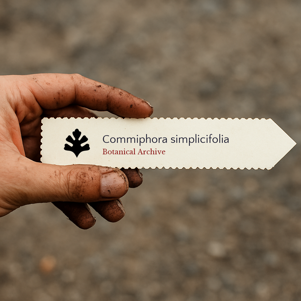 Printed plant label for Commiphora simplicifolia held by dirty hand outdoors