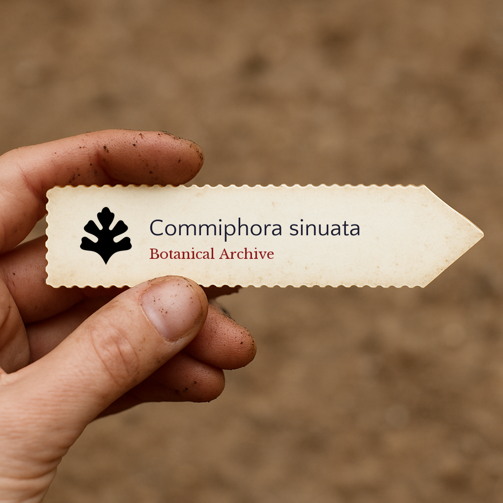 Printed plant label for Commiphora sinuata with botanical archive logo held by hand