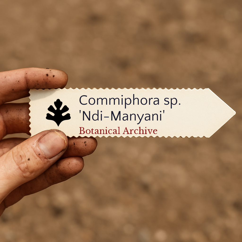 Printed plant label for Commiphora sp. 'Ndi-Manyani' held by hand with soil background