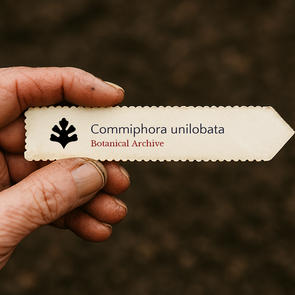 Etichetta stampata per pianta di Commiphora unilobata con logo Botanical Archive tenuta dalla mano di un giardiniere