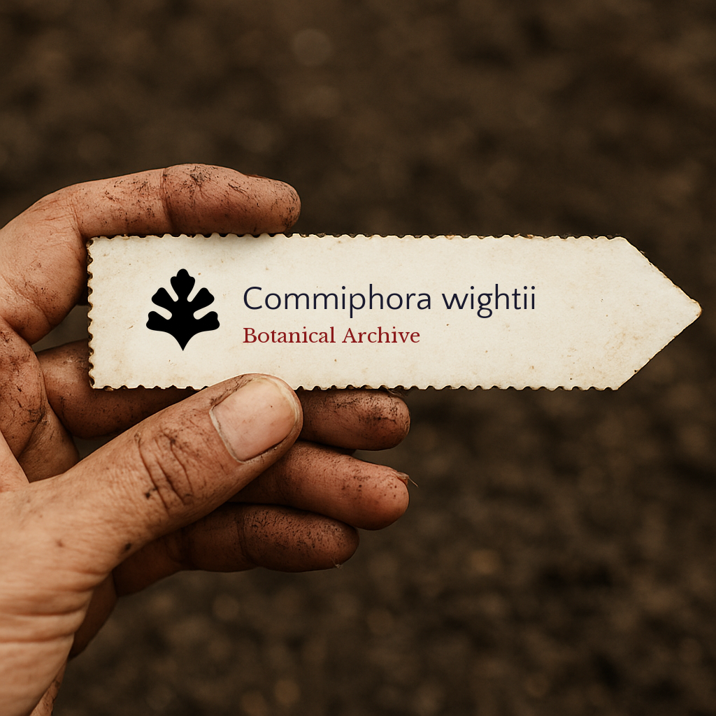 Etichetta della pianta stampata per Commiphora wightii tenuta da una mano sporca su sfondo di terreno