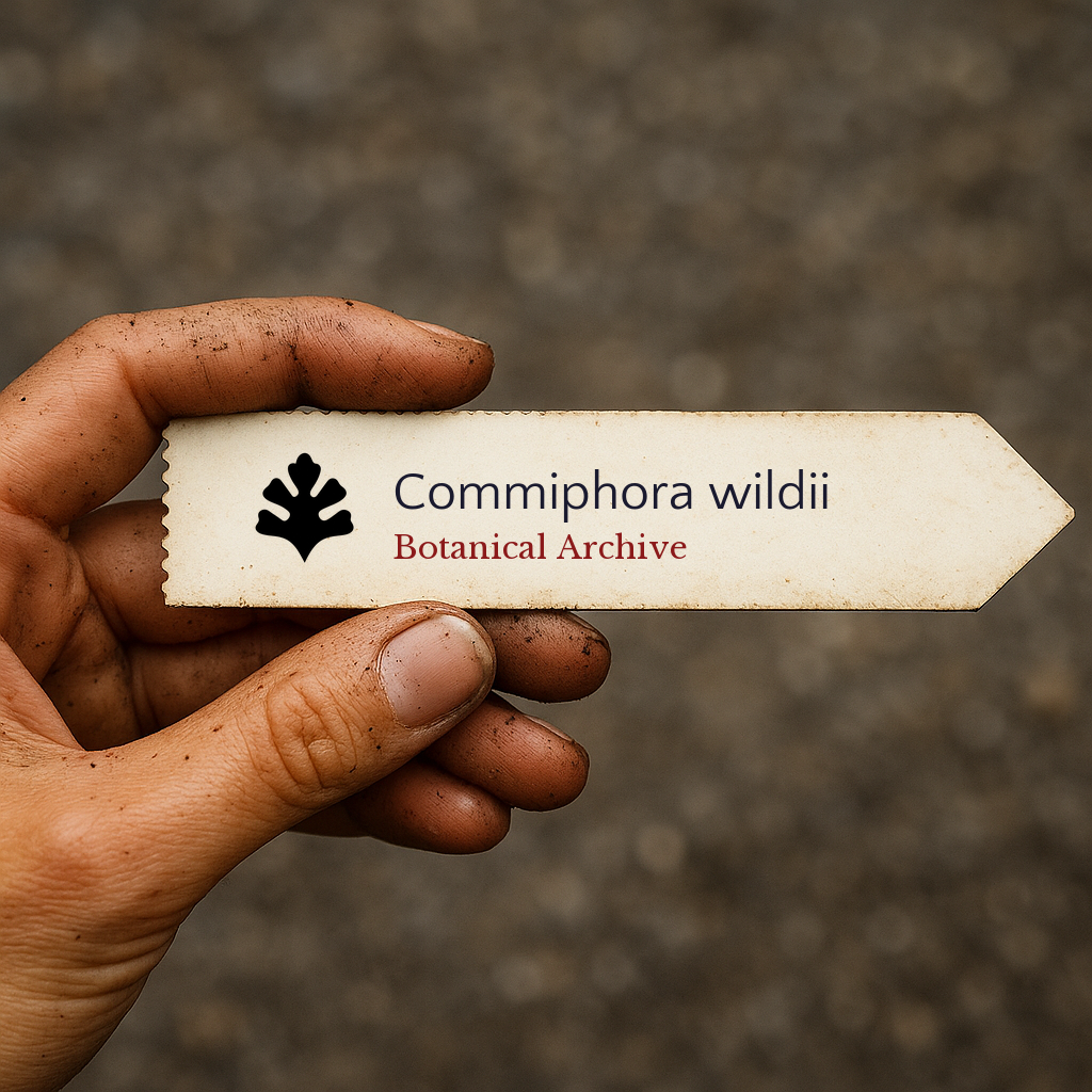 Printed plant label for Commiphora wildii held by hand with soil on fingers