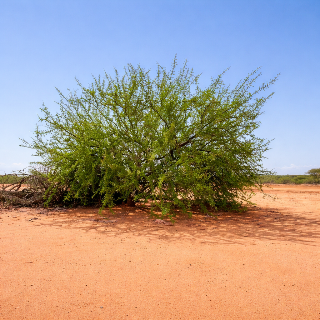 Commiphora kua cespuglio fitto e spinoso in paesaggio desertico arido sotto un cielo azzurro limpido