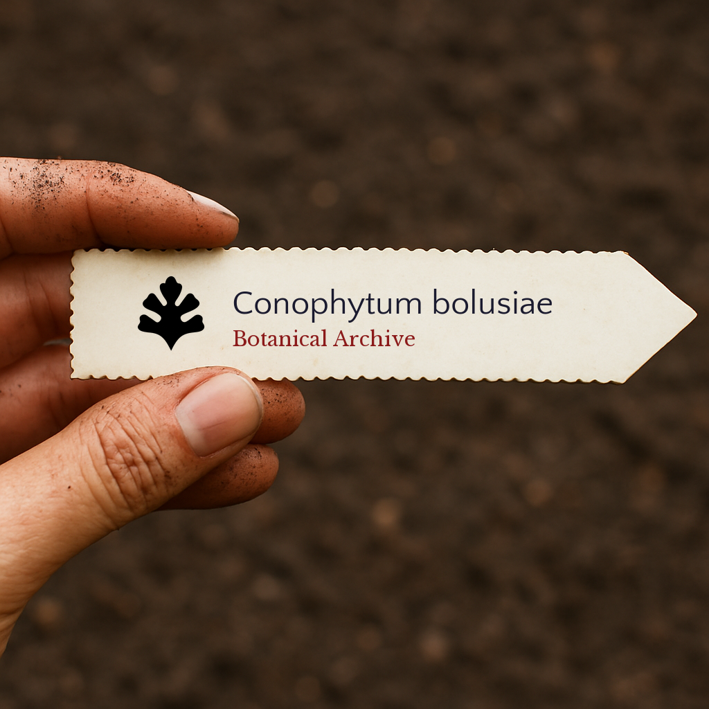 Etichetta stampata per Conophytum bolusiae con il logo di Botanical Archive su sfondo di terreno