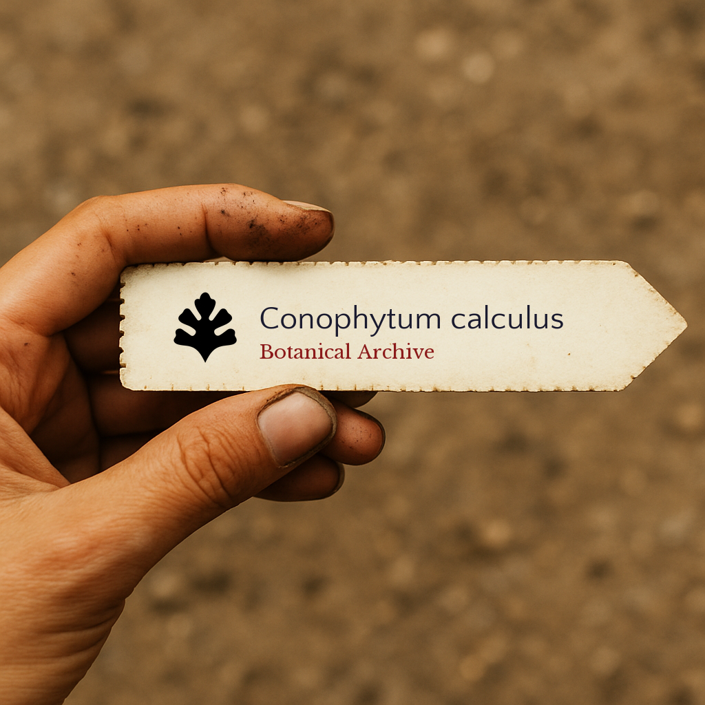 Printed plant label for Conophytum calculus held by hand with dirt background