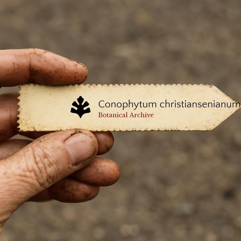 Printed plant label for Conophytum christiansenianum held by dirty hand outdoors