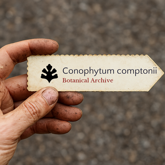 Printed plant label for Conophytum comptonii held by a dirty hand outdoors