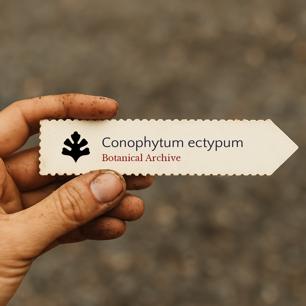 Printed plant label for Conophytum ectypum held by a dirt-covered hand