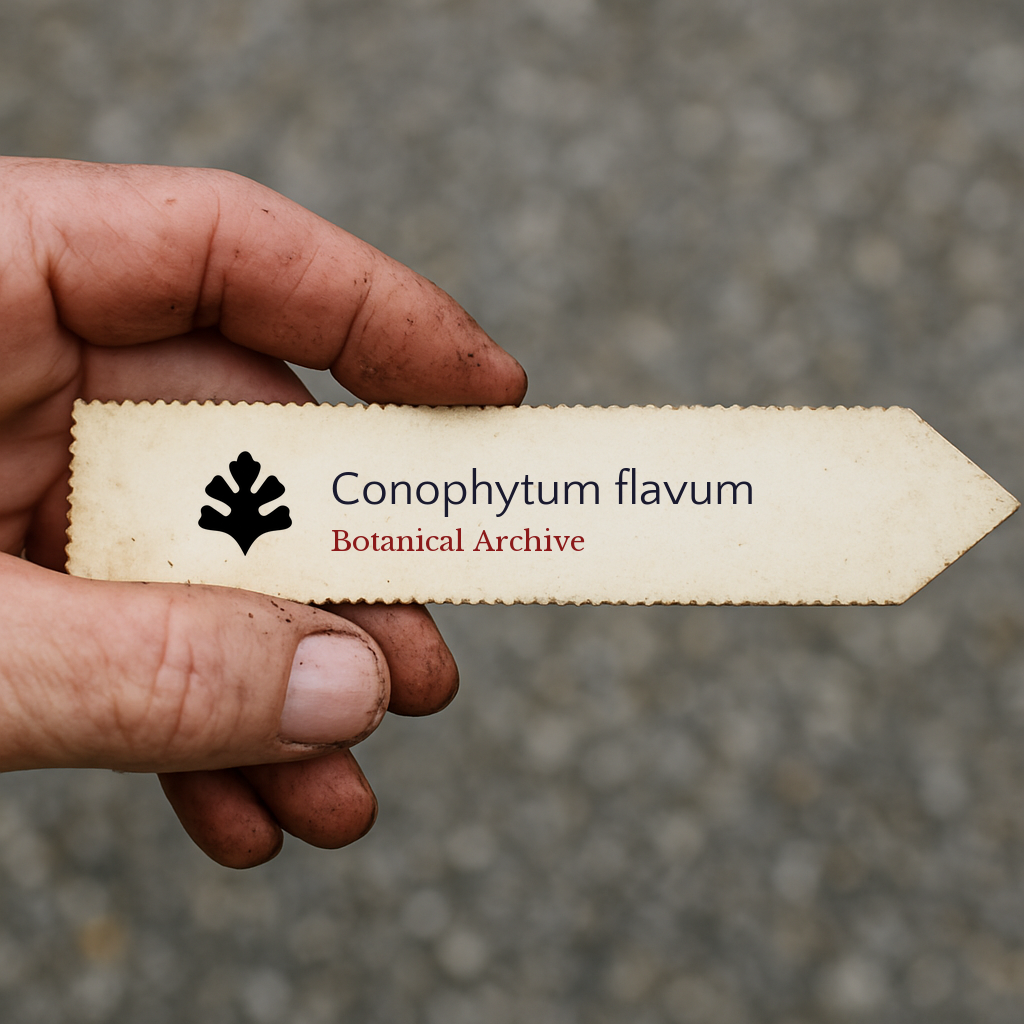 Printed plant label for Conophytum flavum held in dirty hand against blurred background