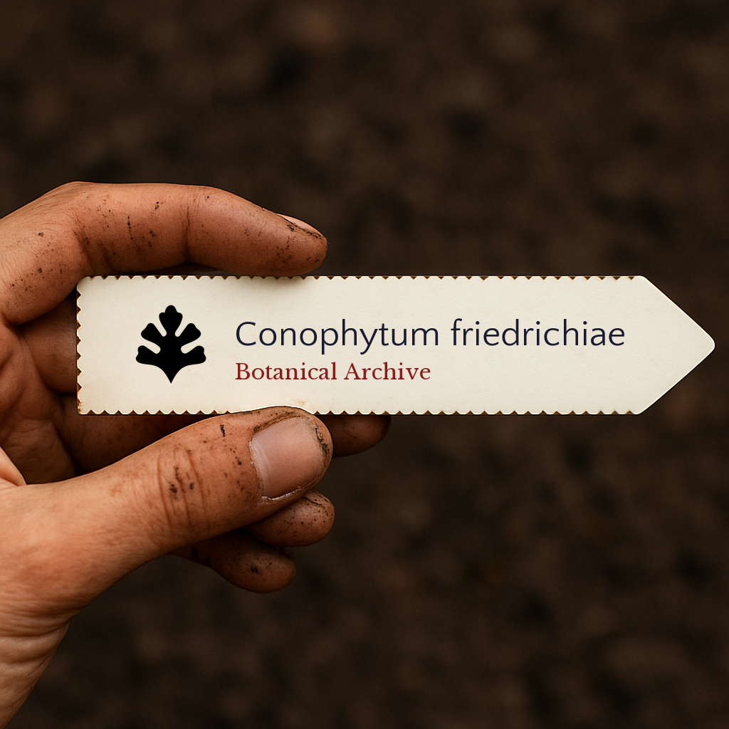 Etichetta per pianta stampata per Conophytum friedrichiae tenuta da mano sporca su sfondo di terreno