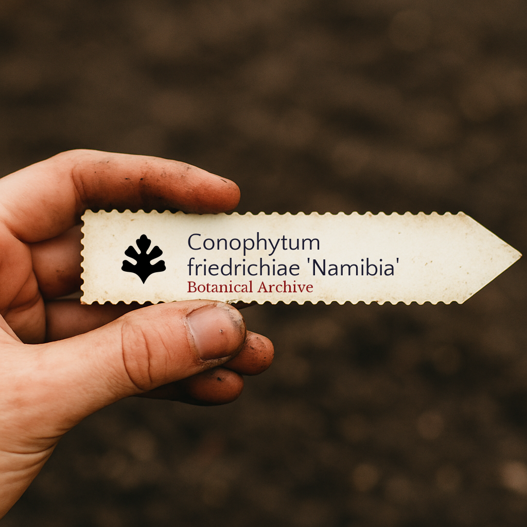 Etichetta per pianta stampata per Conophytum friedrichiae 'Namibia' tenuta in mano su sfondo di terra