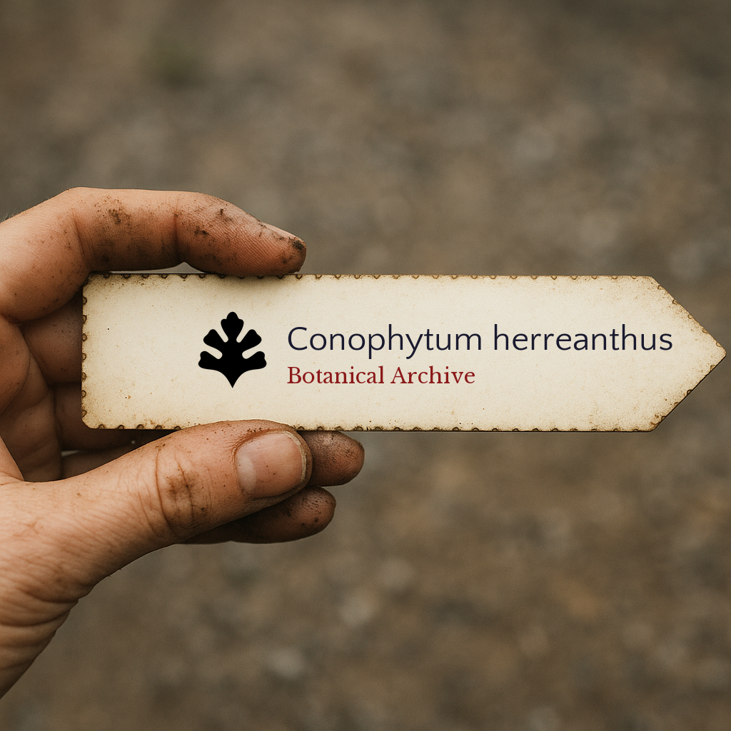 Etichetta piantina stampata per Conophytum herreanthus tenuta in mano con sfondo di terra