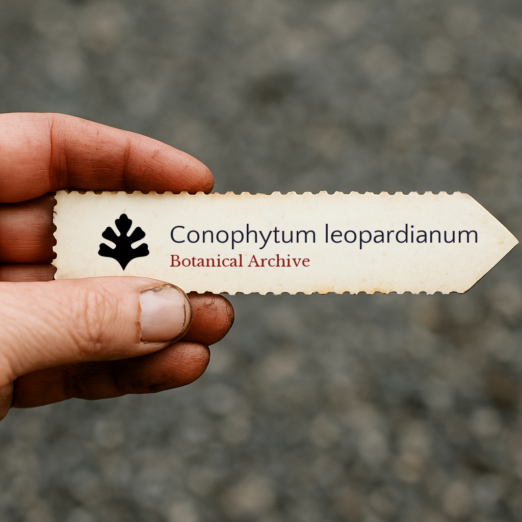 Etichetta per piante stampata per Conophytum leopardianum con il logo Botanical Archive tenuta a mano