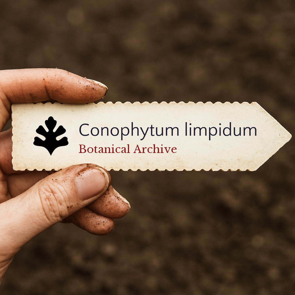 Printed plant label for Conophytum limpidum held by dirty hand over soil background