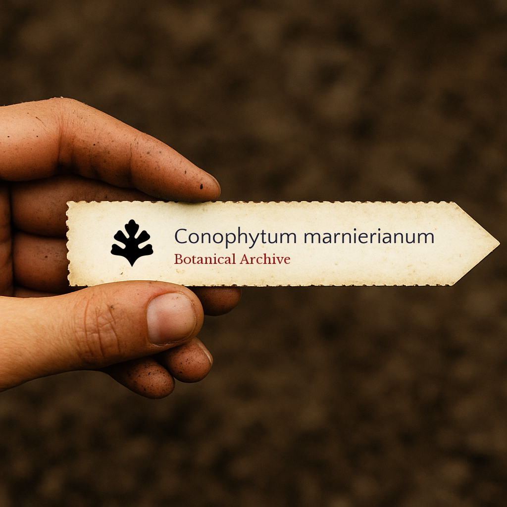 Etichetta vegetale stampata per Conophytum marnierianum su sfondo di terreno