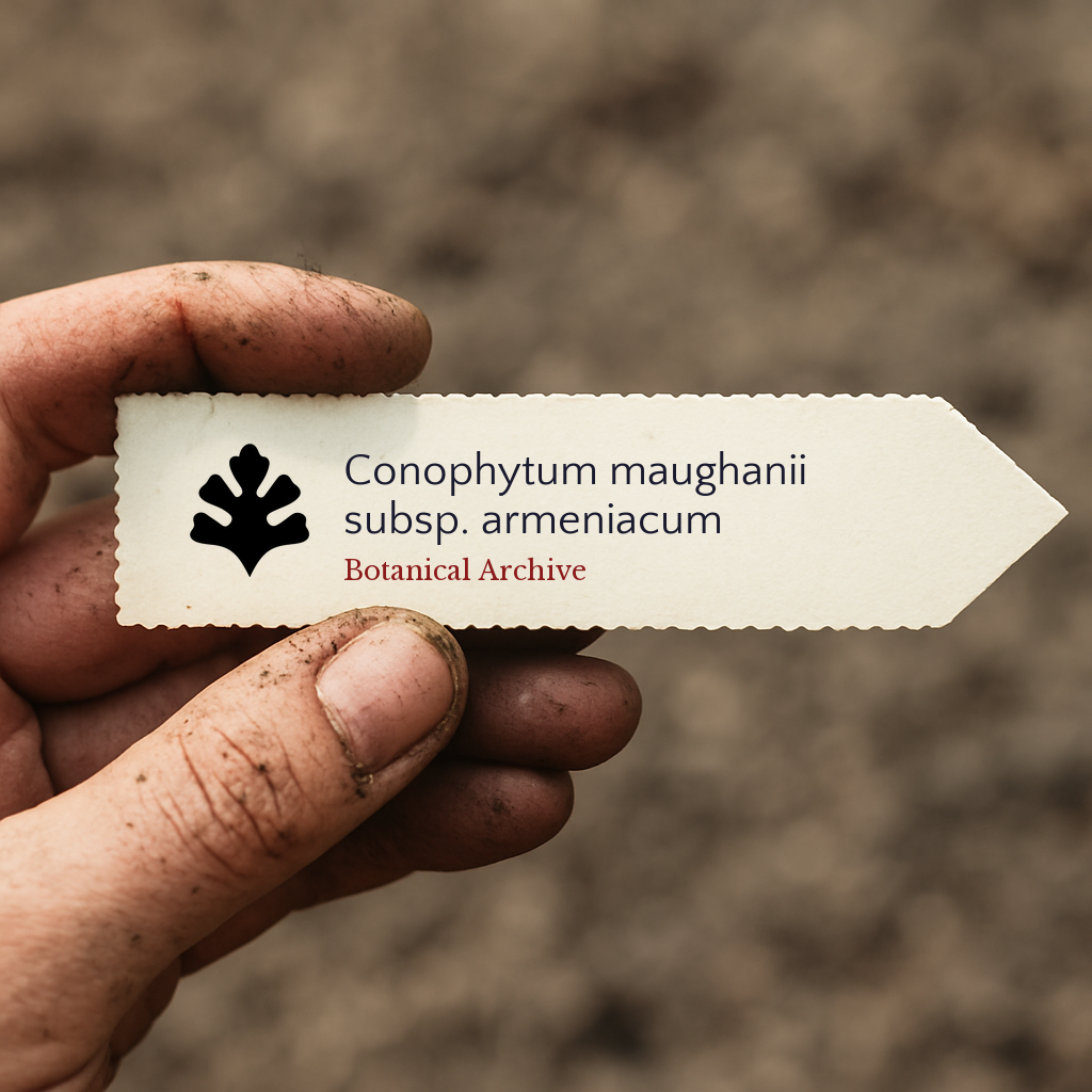Printed plant label for Conophytum maughanii subsp. armeniacum held by dirty hand