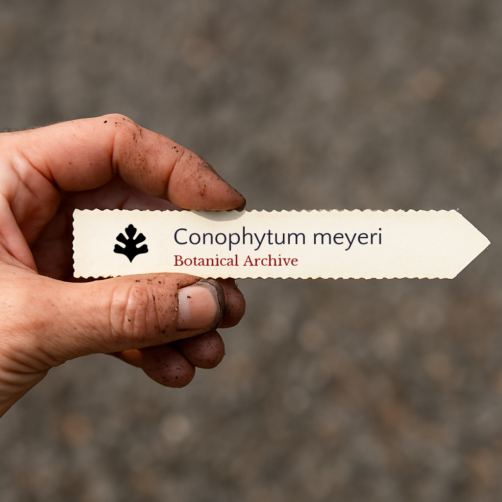 Printed plant label for Conophytum meyeri held in dirty hand outdoors
