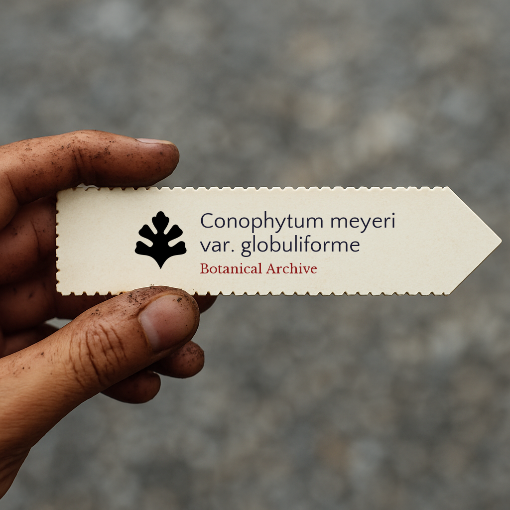 Printed plant label for Conophytum meyeri var. globuliforme held by hand with dirt background
