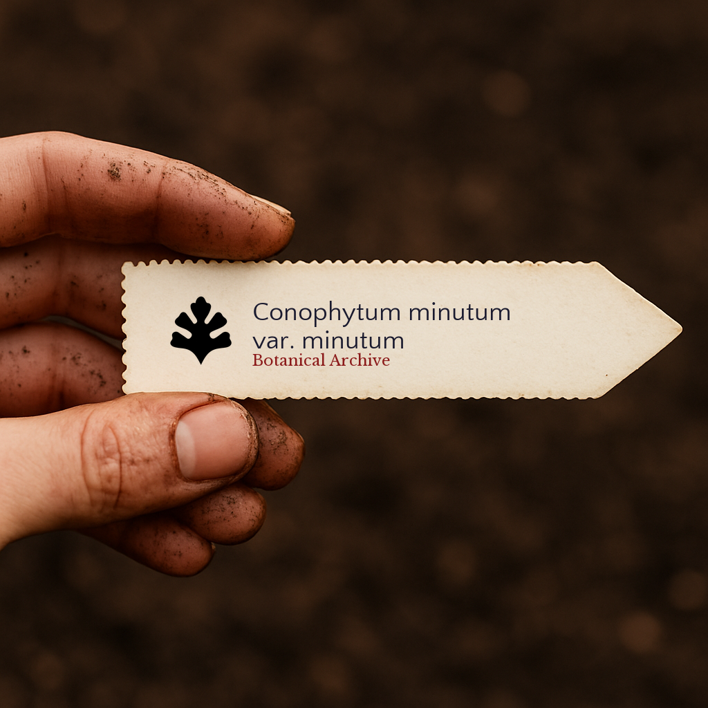Printed plant label for Conophytum minutum var. minutum held by hand with soil background